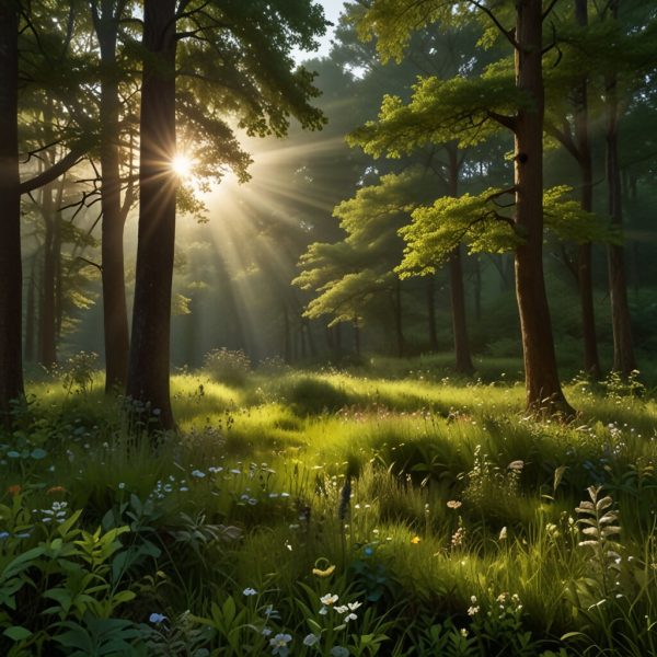 A serene landscape with lush green trees swaying gently in the breeze, a vibrant forest floor covered with wildflowers on Sale