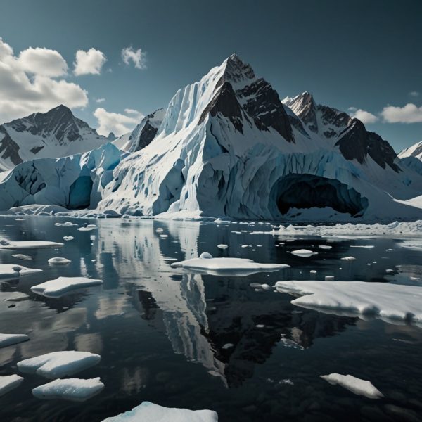 A stunning glacier with blue ice formations, towering peaks, and a bright, sunny sky 4 Sale